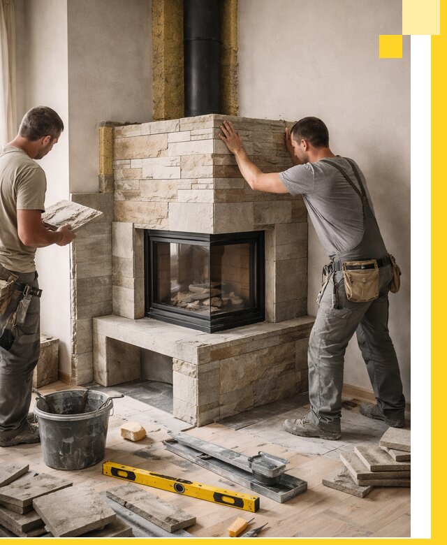 Угловые камины под ключ проект, монтаж и отделка в Вичуге